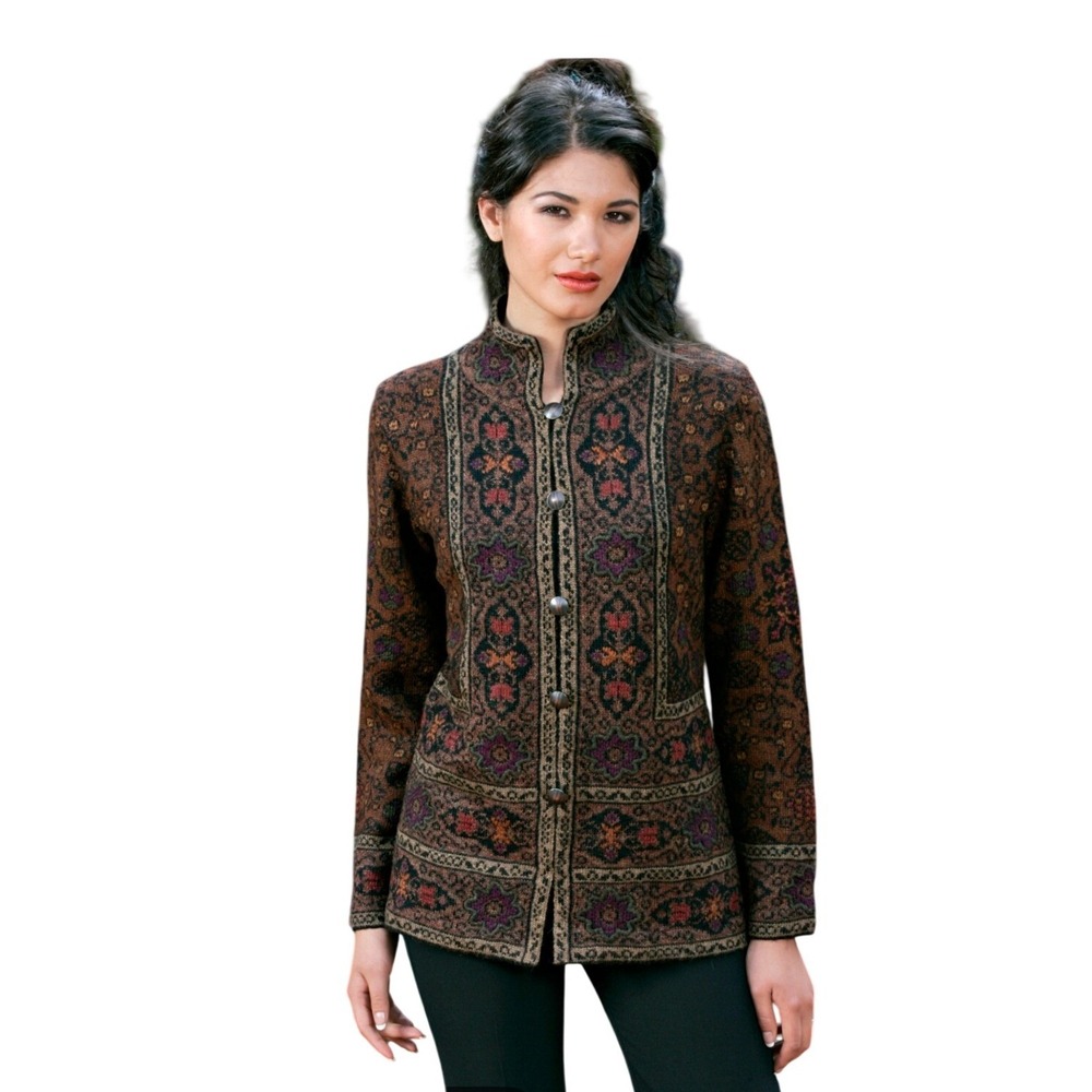 Invisible World Alpaca Cardigan SZ MED Brown‎ Black Intarsia Handloomed  buttons